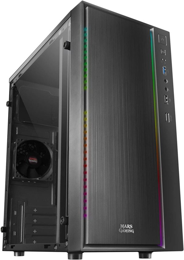 Mars Gaming MCM Caja Minitorre Micro ATX, Mini-ITX - Panel Lateral Acrilico - Iluminacion RGB - Tamaño HDD 2.5", 3.5" - USB-A 3.0, USB-A 2.0 y Audio - 1 Ventilador 80mm Incluido