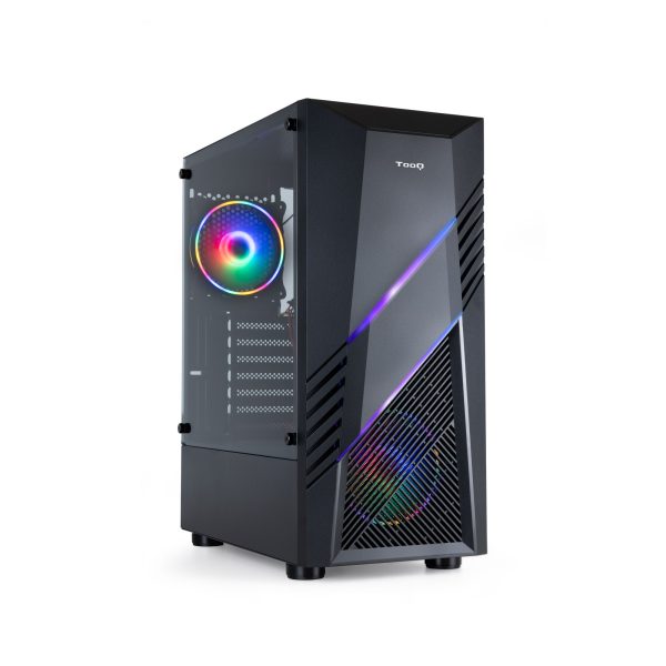 Tooq Biohazard Caja Semitorre Gaming ATX/Micro-ATX/Mini-ITX RGB - Panel Lateral Cristal Templado - Tamaño Disco Soportado 3.5", 2.5" - USB3.0, 2.0, Audio HD - 2 Ventiladores 120mm RGBF Incluidos - Soporta Refrigeracion Liquida - Color Negro
