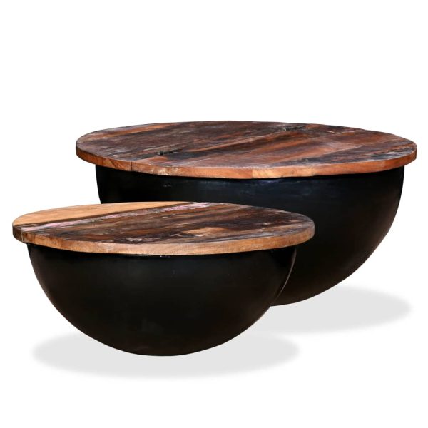 Conj. mesas centro 2 pcs madeira reciclada preto forma tigela