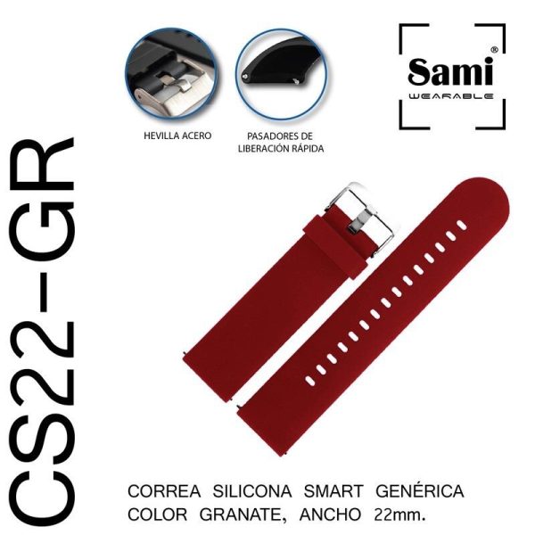 CORREA SILICONA 22MM GRANATE PASADOR SMARTWATCH ***