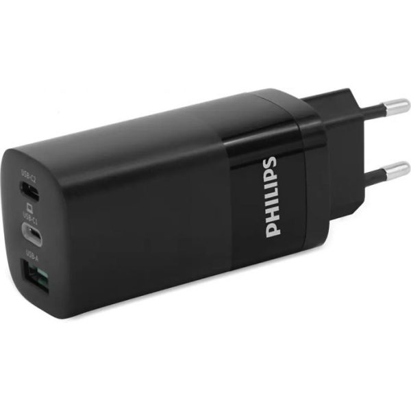 CARGADOR DE PARED PHILIPS 65W 2XUSB-C PD CARGA RAPIDA + 1USB-A - CARGA PORTATILES Y MOVILES