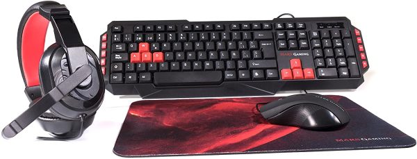 Mars Gaming Pack 4 en 1 USB Teclado Teclas Multimedia, Antighosting + Raton 2800dpi + Auriculares con Microfono + Alfombrilla