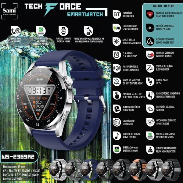 RELOJ SAMI WEARABLE SMARTWATCH TECHFORCE CRISTAL RESISTENTE AZUL - Image 2