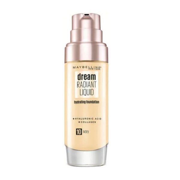 Maybelline Dream Radiant Liquid Tono 10 Ivory Base De Maquillaje Hidratante Con Ácido Hialurónico y Cólageno, Para Pieles Oscuras - 30ml