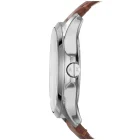Armani Exchange Hampton AX2133 com mostrador azul, caixa prateada e bracelete em pele castanha.