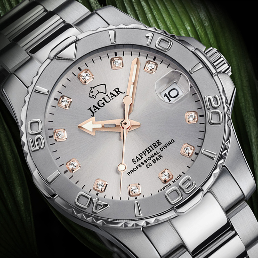 Relógio feminino JAGUAR Executive Diver Ladies J870/2 prateado com esfera clara e ponteiros em ouro rosa