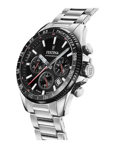 Relógio Festina Chrono Timeless F20560/6 para homem com mostrador preto, ponteiros prateados e vermelhos, bracelete em aço e caixa de 45 mm.
