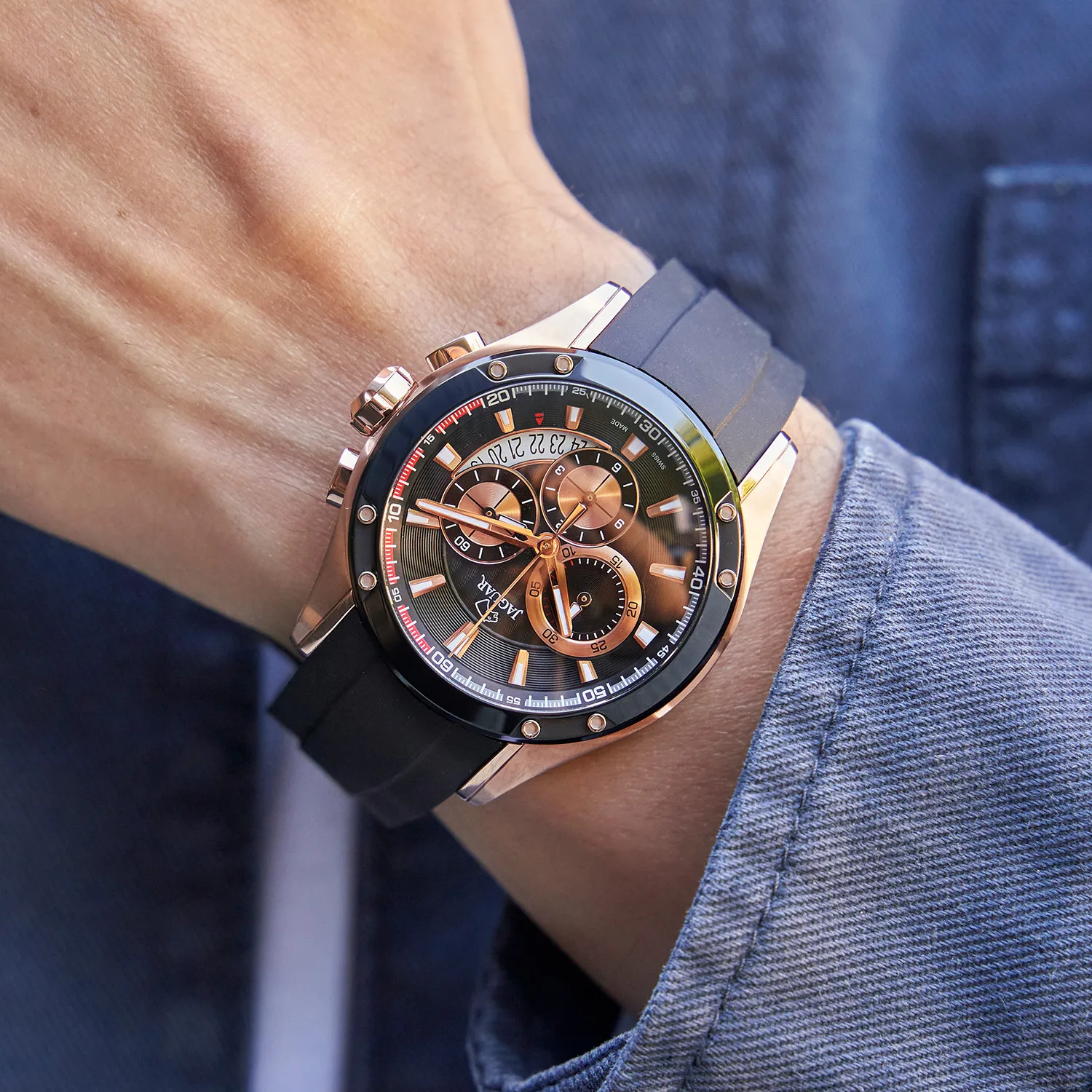 Relógio masculino JAGUAR Special Edition J691/1 preto e ouro rosa com cronógrafo