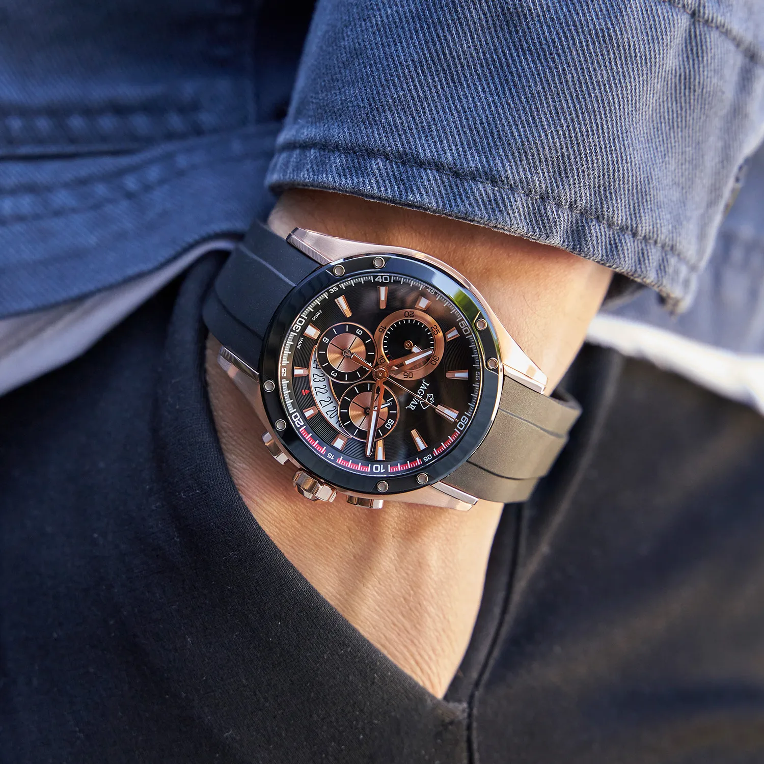 Relógio masculino JAGUAR Special Edition J691/1 preto e ouro rosa com cronógrafo
