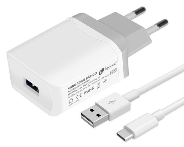 CARGADOR USB CARGA RAPIDA COMPATIBLE TYPE C 18W 3A LEOTEC