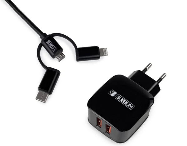CARGADOR PARED SUBBLIM ABS 2.4A CON CABLE 3IN1 BLACK