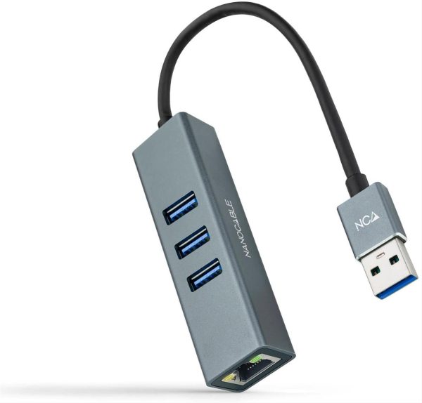 CONVERSOR USB 3.0 A ETHERNET GIGABIT +3*USB 3.0 0.15M NANOCABLE ALUMINIO GRIS