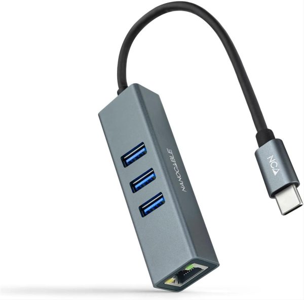 CONVERSOR USB-C A ETHERNET GIGABIT +3*USB 3.0 0.15M NANOCABLE ALUMINIO GRIS