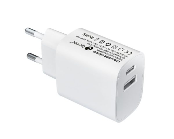 CARGADOR PARED/VIAJE USB-C/PD + USB-A 20W BLANCO LEOTEC