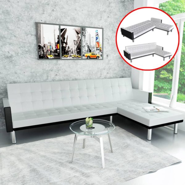 Sofá-cama em forma de L, couro artificial, branco
