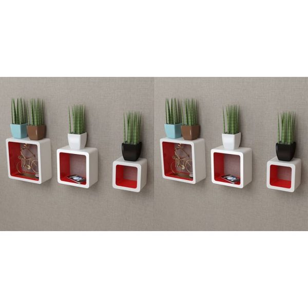 Prateleiras de parede cubo 6 pcs branco e vermelho