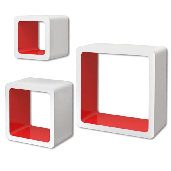 Conjunto 3 prateleiras de parede cubos MDF branco-vermelho - Image 2