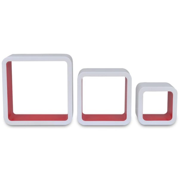 Conjunto 3 prateleiras de parede cubos MDF branco-vermelho - Image 3