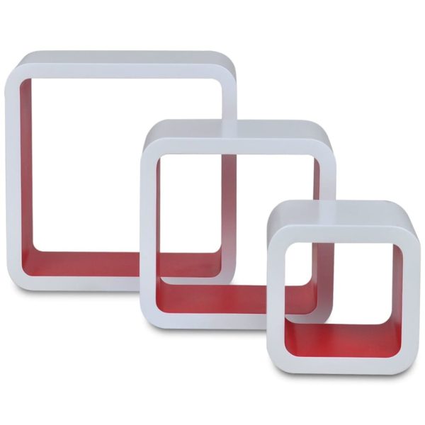 Conjunto 3 prateleiras de parede cubos MDF branco-vermelho - Image 4
