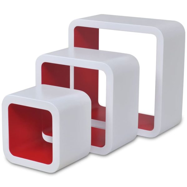 Conjunto 3 prateleiras de parede cubos MDF branco-vermelho - Image 5