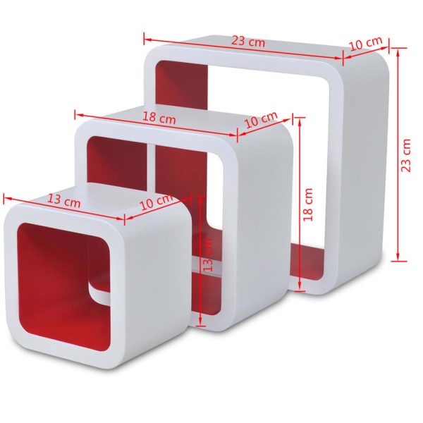 Conjunto 3 prateleiras de parede cubos MDF branco-vermelho - Image 7