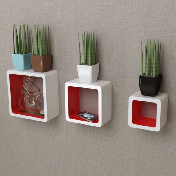 Conjunto 3 prateleiras de parede cubos MDF branco-vermelho