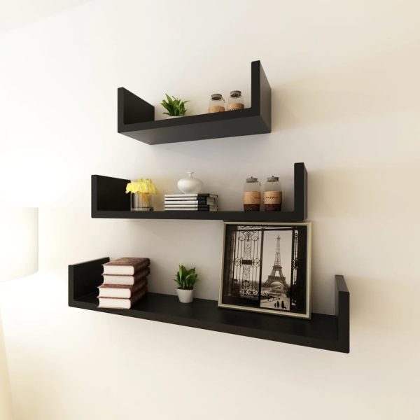 Conjunto 3 prateleiras de parede em forma de U MDF preto