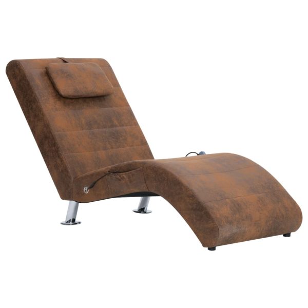 Chaise longue massagem c/ almofada camurça artificial castanho - Image 2