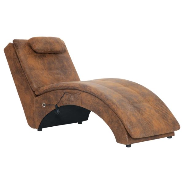 Chaise longue massagem c/ almofada camurça artificial castanho - Image 2