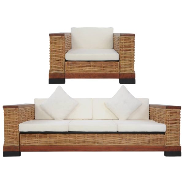 2 pcs conjunto de sofás com almofadões vime natural castanho