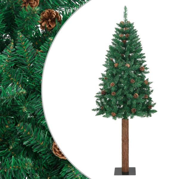 Árvore de Natal fina madeira e pinhas genuínas 150 cm PVC verde