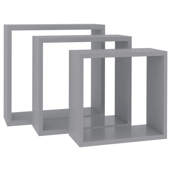 Prateleiras de parede em forma de cubo 3 pcs MDF cinzento - Image 3