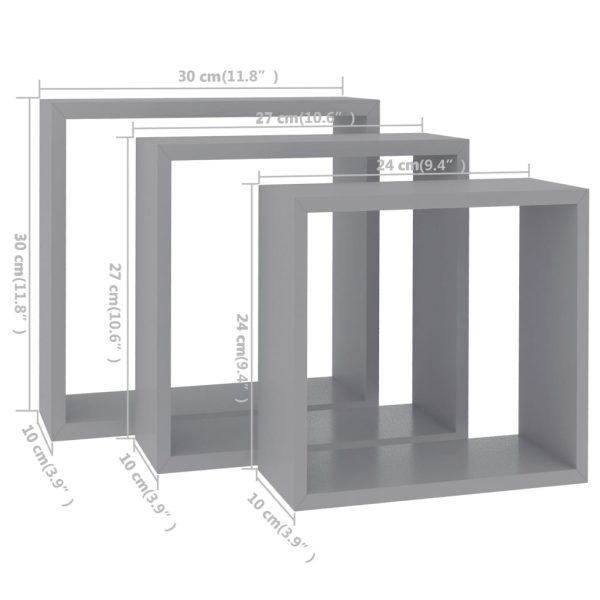 Prateleiras de parede em forma de cubo 3 pcs MDF cinzento - Image 11