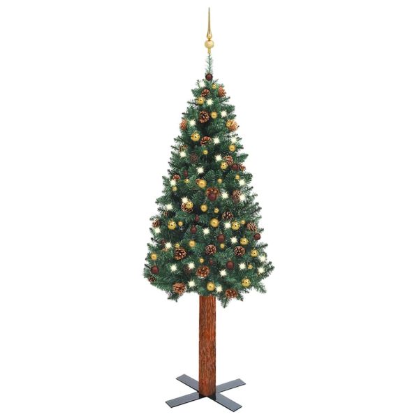 Árvore de Natal fina pré-iluminada com bolas 210 cm verde