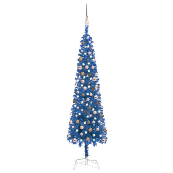 Árvore de Natal fina com luzes LED e bolas 210 cm azul