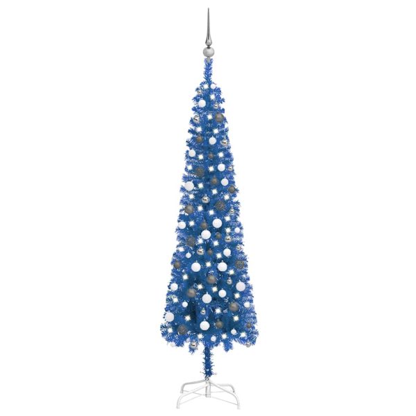 Árvore de Natal fina com luzes LED e bolas 210 cm azul