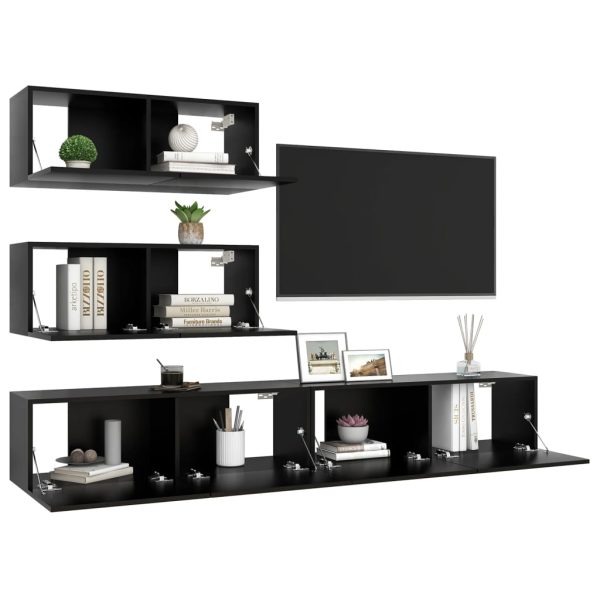 4 pcs conjunto de móveis de TV contraplacado preto - Image 3