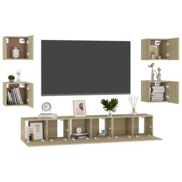 7 pcs conjunto de móveis de TV contraplacado carvalho sonoma - Image 3