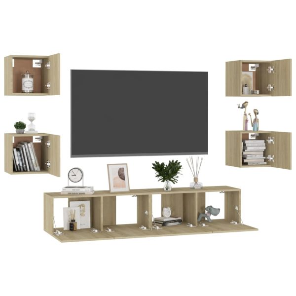 6pcs conjunto de móveis de TV contraplacado cor carvalho sonoma - Image 3