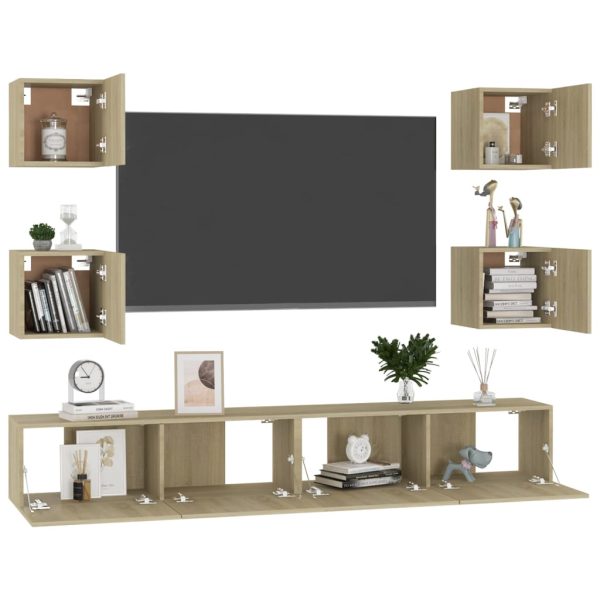 6pcs conjunto de móveis de TV contraplacado cor carvalho sonoma - Image 3