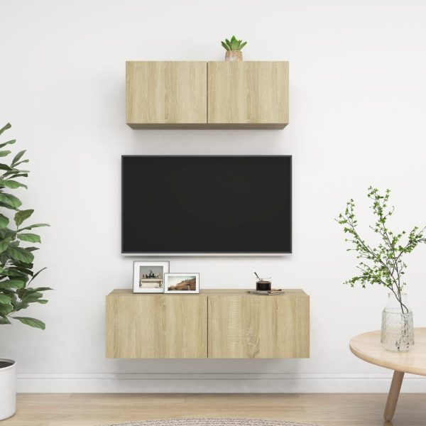 2 pcs conjunto de móveis de TV contraplacado carvalho sonoma