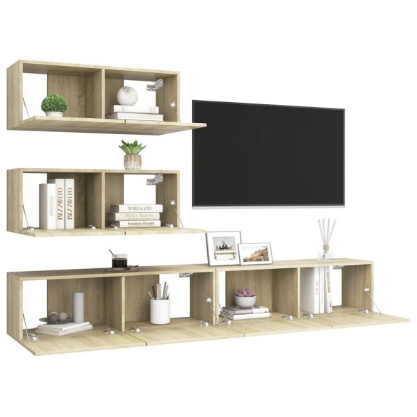 4pcs conjunto de móveis de TV contraplacado cor carvalho sonoma - Image 3