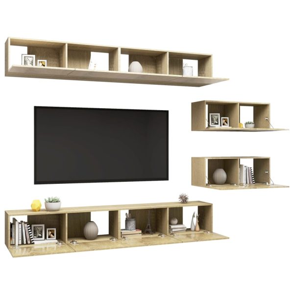 6 pcs conjunto móveis de TV contraplacado cor carvalho sonoma - Image 3