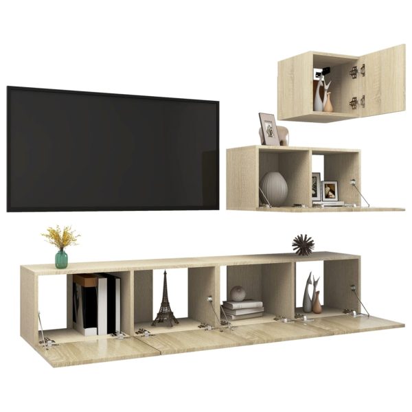 4pcs conjunto de móveis de TV contraplacado cor carvalho sonoma - Image 3