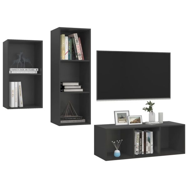 3 pcs conjunto de móveis de TV contraplacado cinzento - Image 3