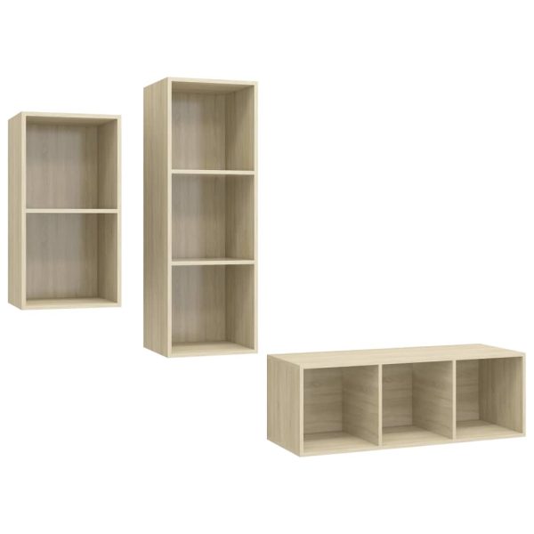 3 pcs conjunto de móveis de TV contraplacado carvalho sonoma - Image 2