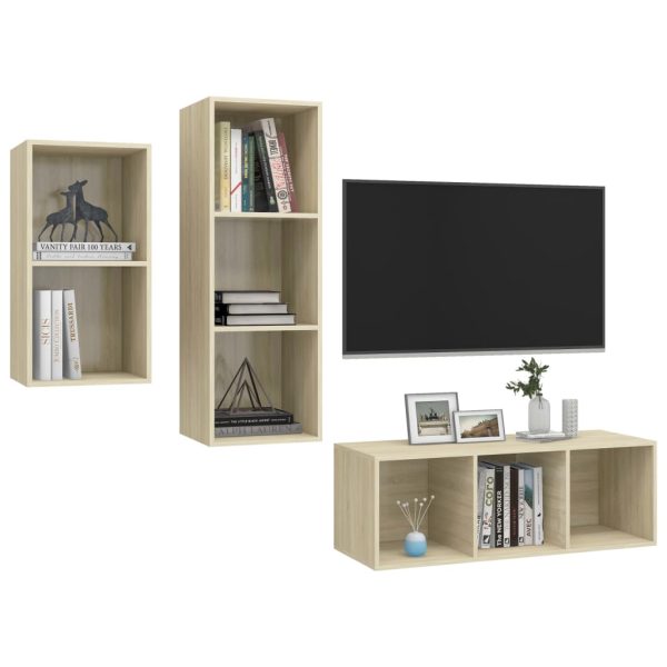 3 pcs conjunto de móveis de TV contraplacado carvalho sonoma - Image 3