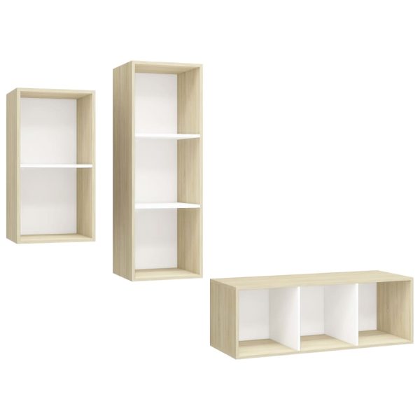 3 pcs conjunto móveis de TV contraplacado branco e carv. sonoma - Image 2