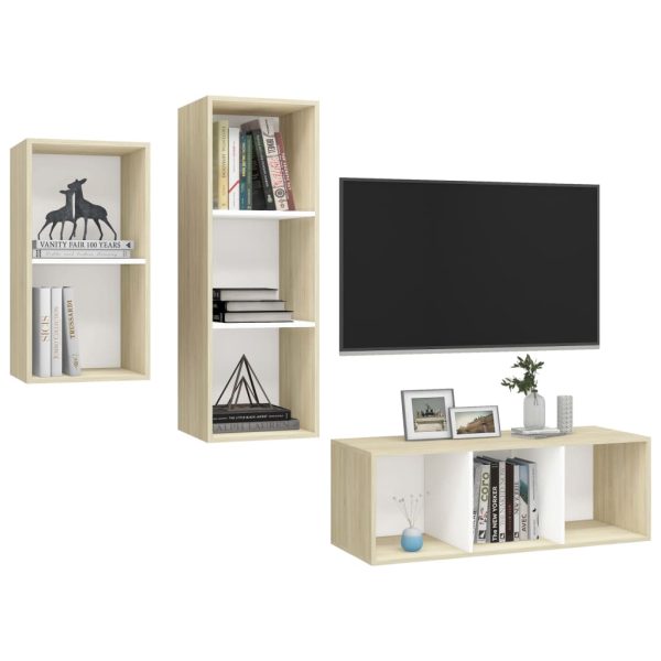 3 pcs conjunto móveis de TV contraplacado branco e carv. sonoma - Image 3
