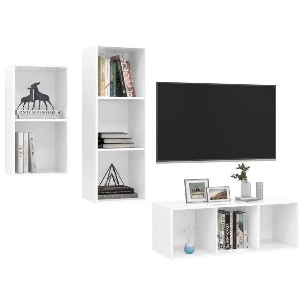 3 pcs conjunto de móveis de TV contraplacado branco brilhante - Image 3
